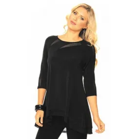 Alisha D Black Jersey Knit Scoop Neck Sheer Cut Out Top Asymmetrical Small or MediumM