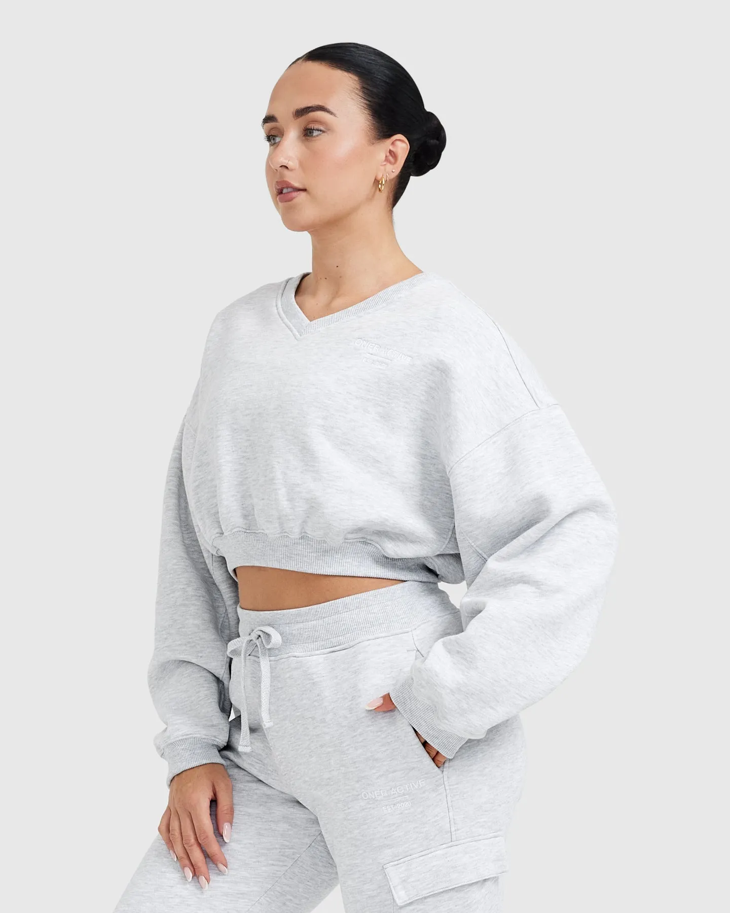 All Day Est 2020 Crop V-Neck Sweatshirt | Light Grey Marl