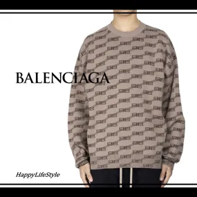 BALENCIAGA  |Crew Neck Pullovers Monogram Wool Bi-color Long Sleeves