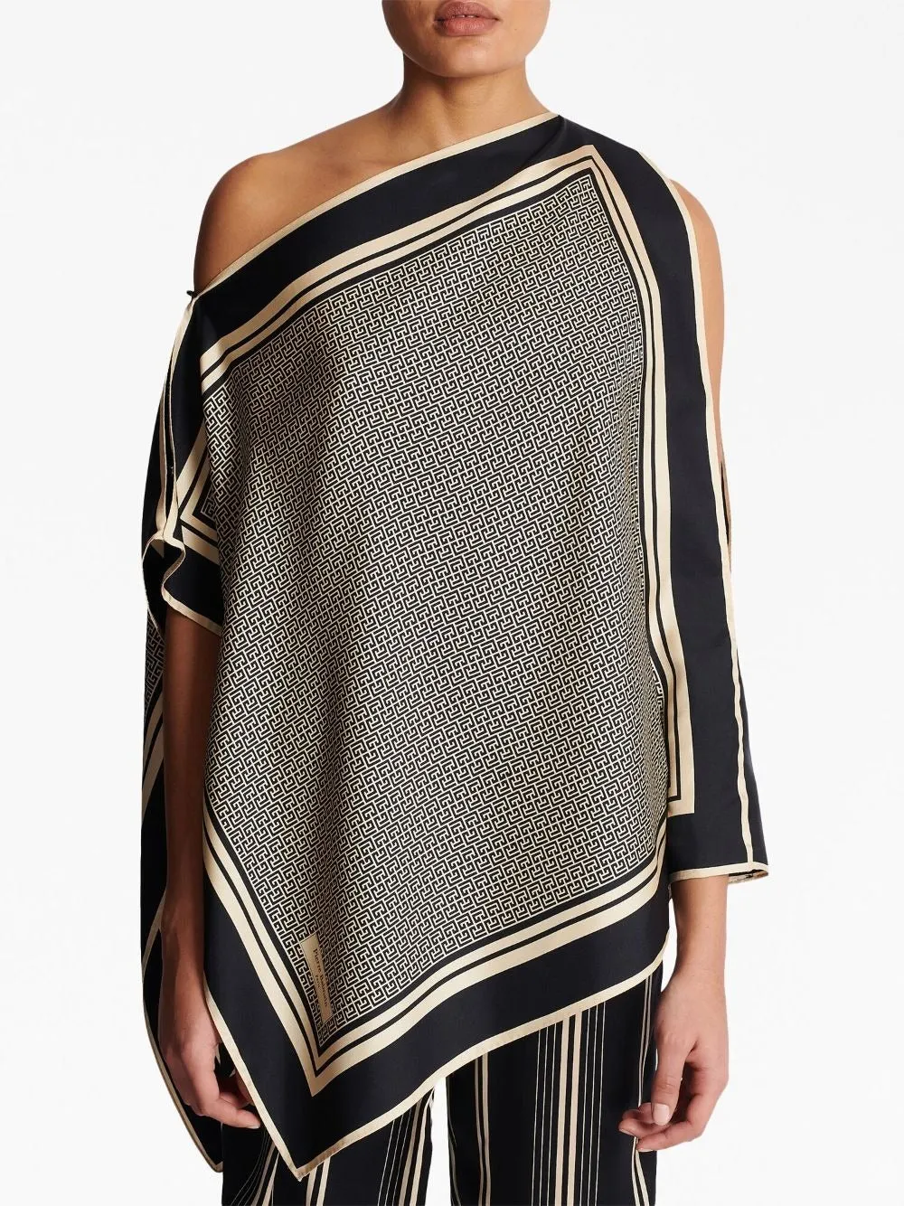 Balmain Asymetric Monogram Scarf Silk Top in Ivoire/Noir