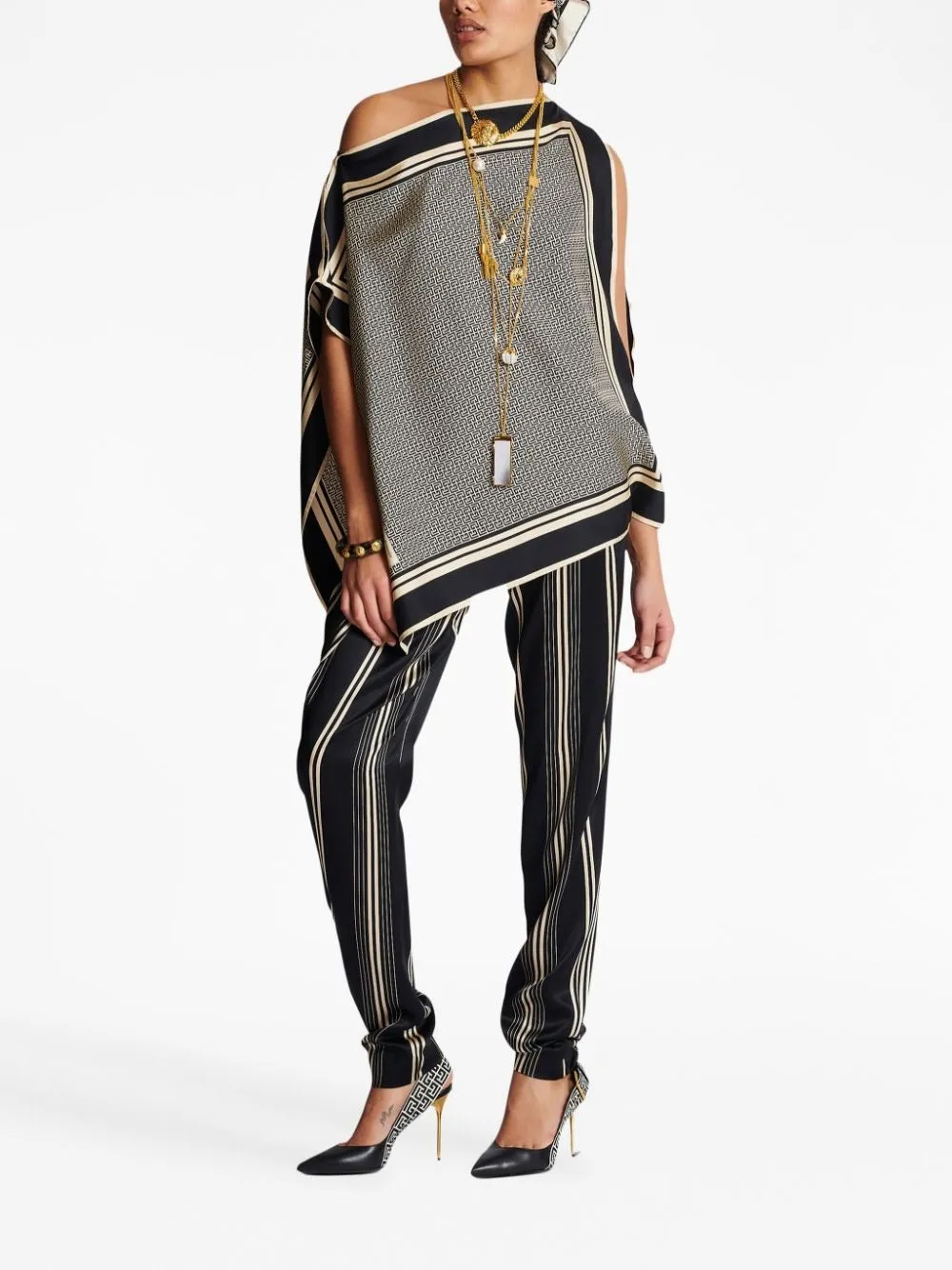 Balmain Asymetric Monogram Scarf Silk Top in Ivoire/Noir