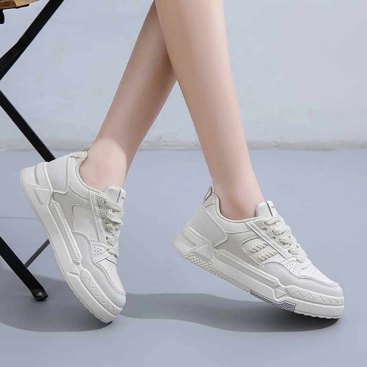 Beige mini strap accents casual shoe sneaker