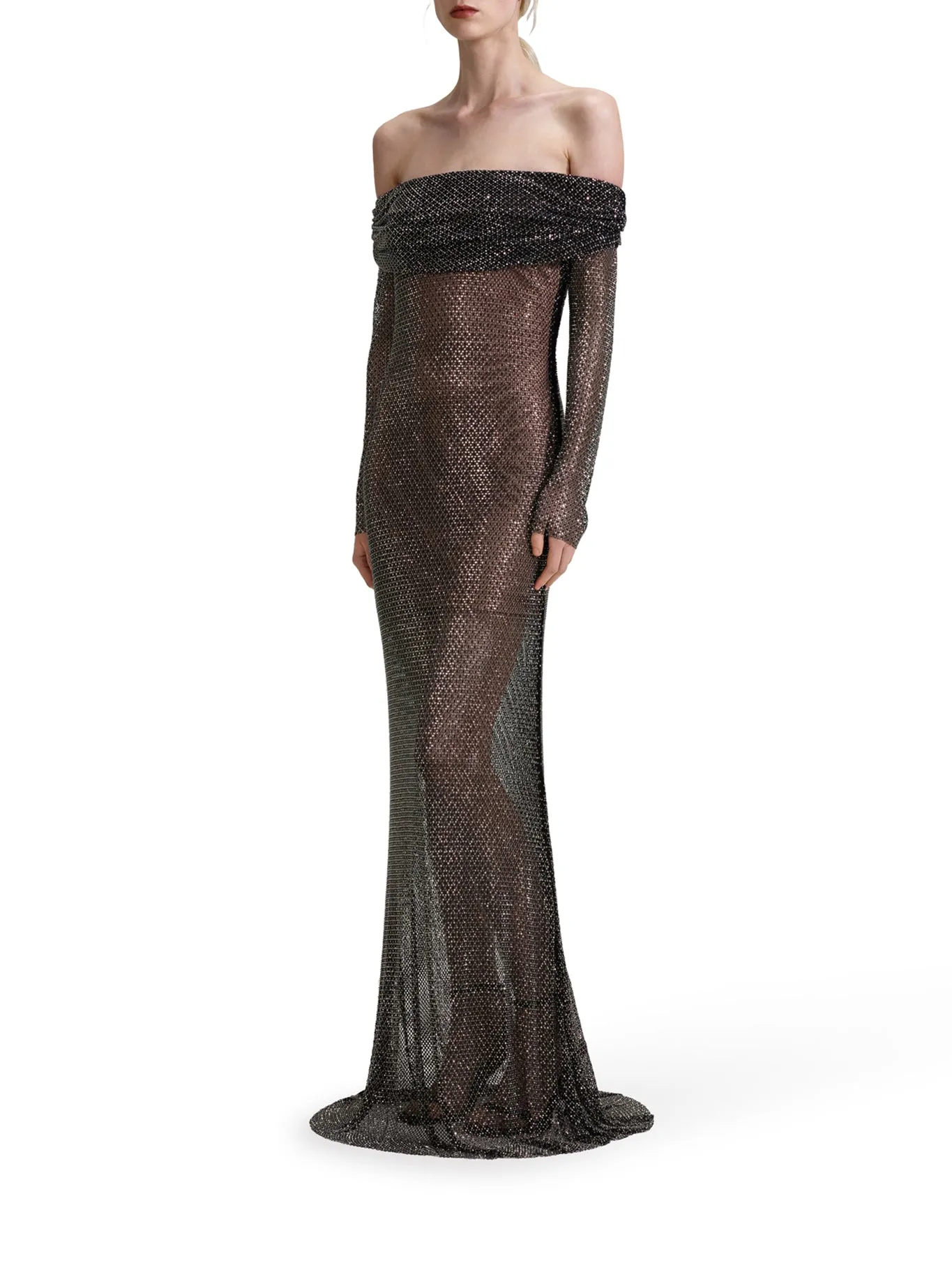 BLACK RHINESTONE FISHNET MAXI DRESS