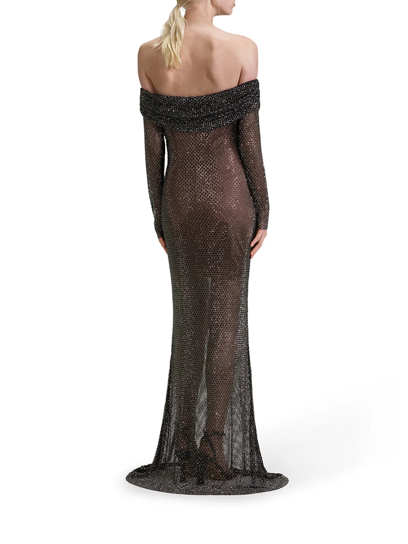 BLACK RHINESTONE FISHNET MAXI DRESS