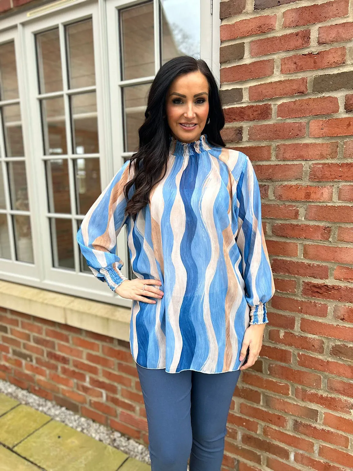 Blue High Neck Brushstroke Stripe Blouse Susan