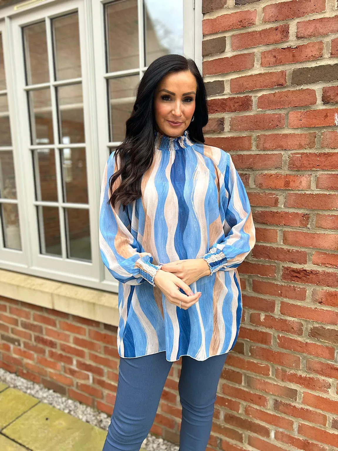 Blue High Neck Brushstroke Stripe Blouse Susan