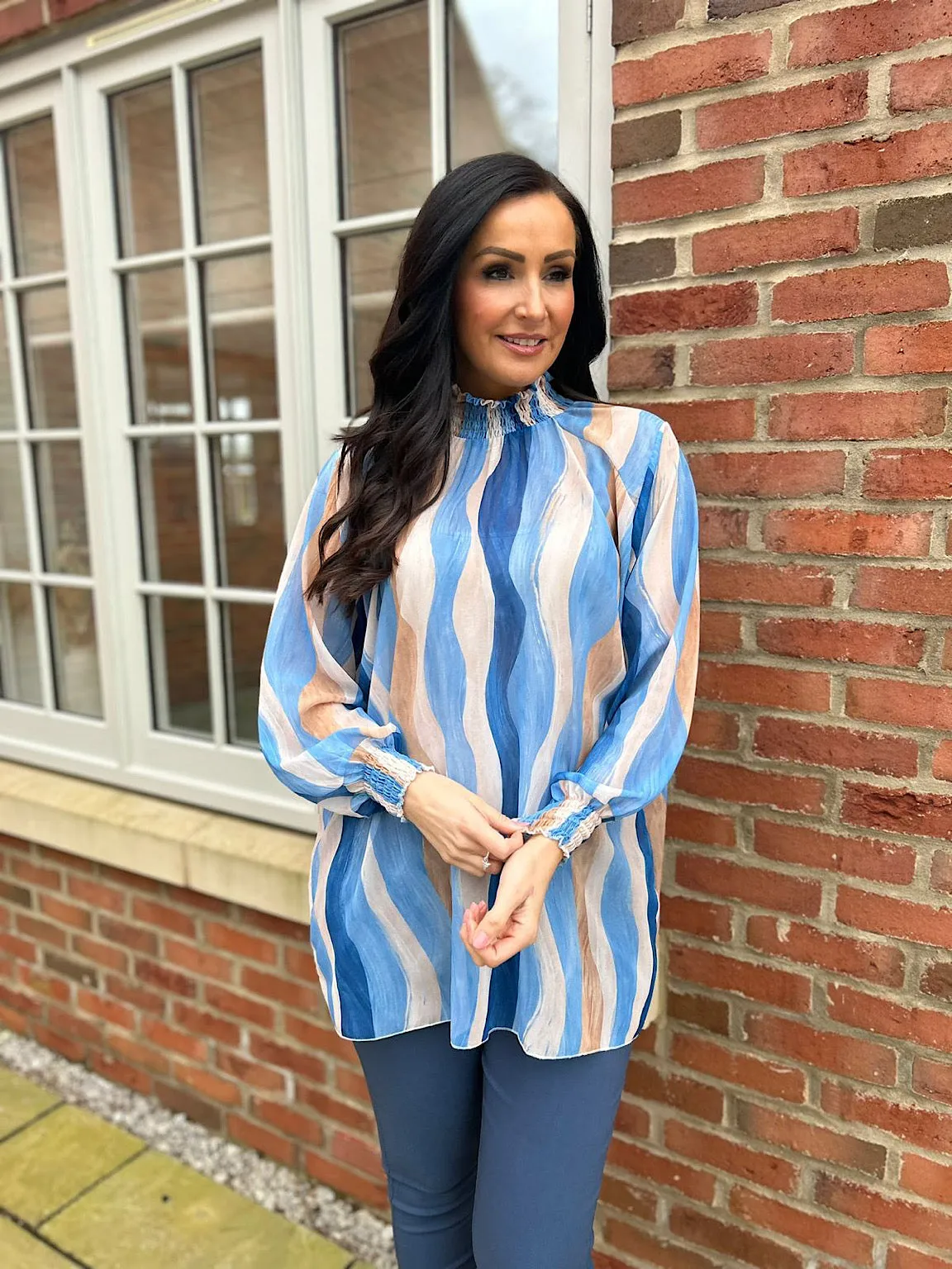 Blue High Neck Brushstroke Stripe Blouse Susan