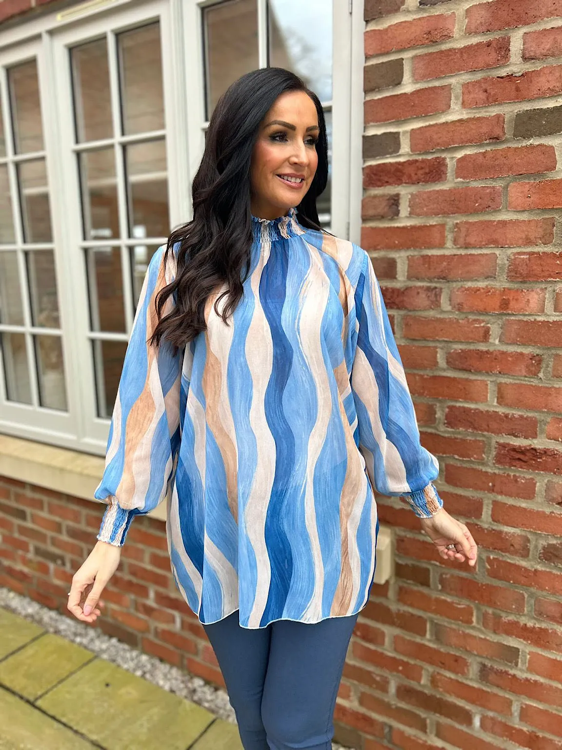 Blue High Neck Brushstroke Stripe Blouse Susan