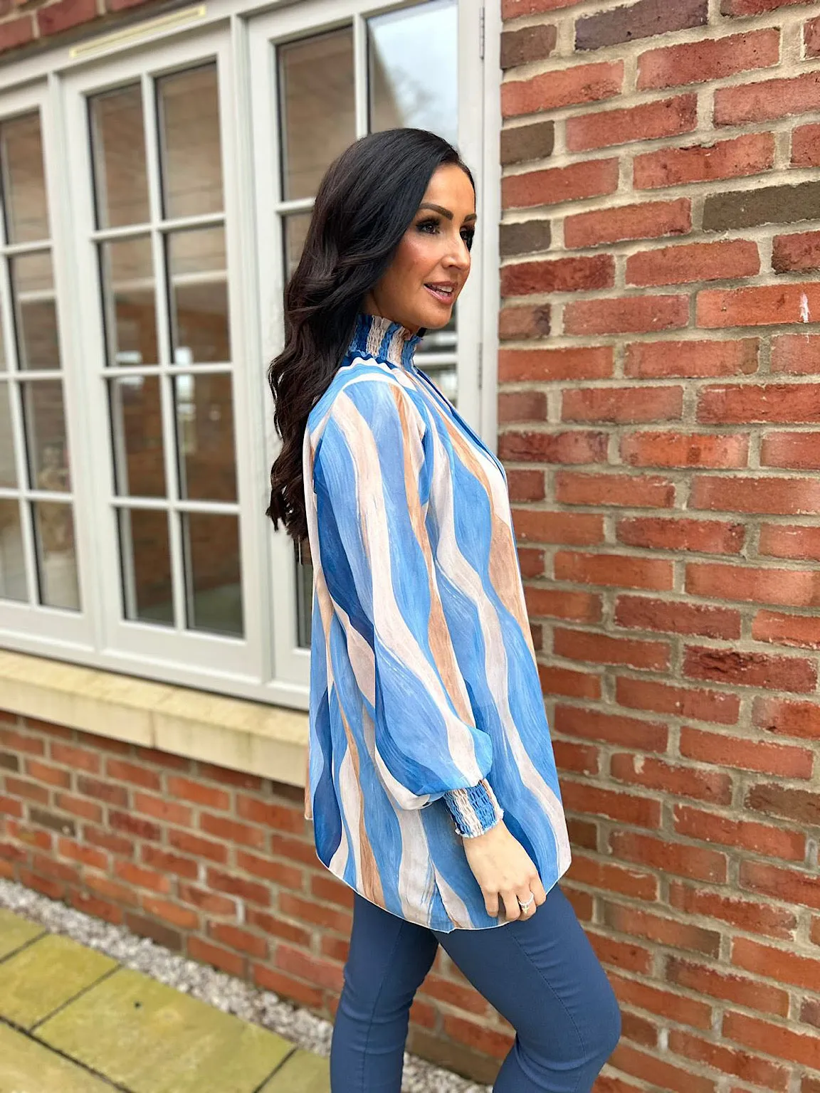 Blue High Neck Brushstroke Stripe Blouse Susan