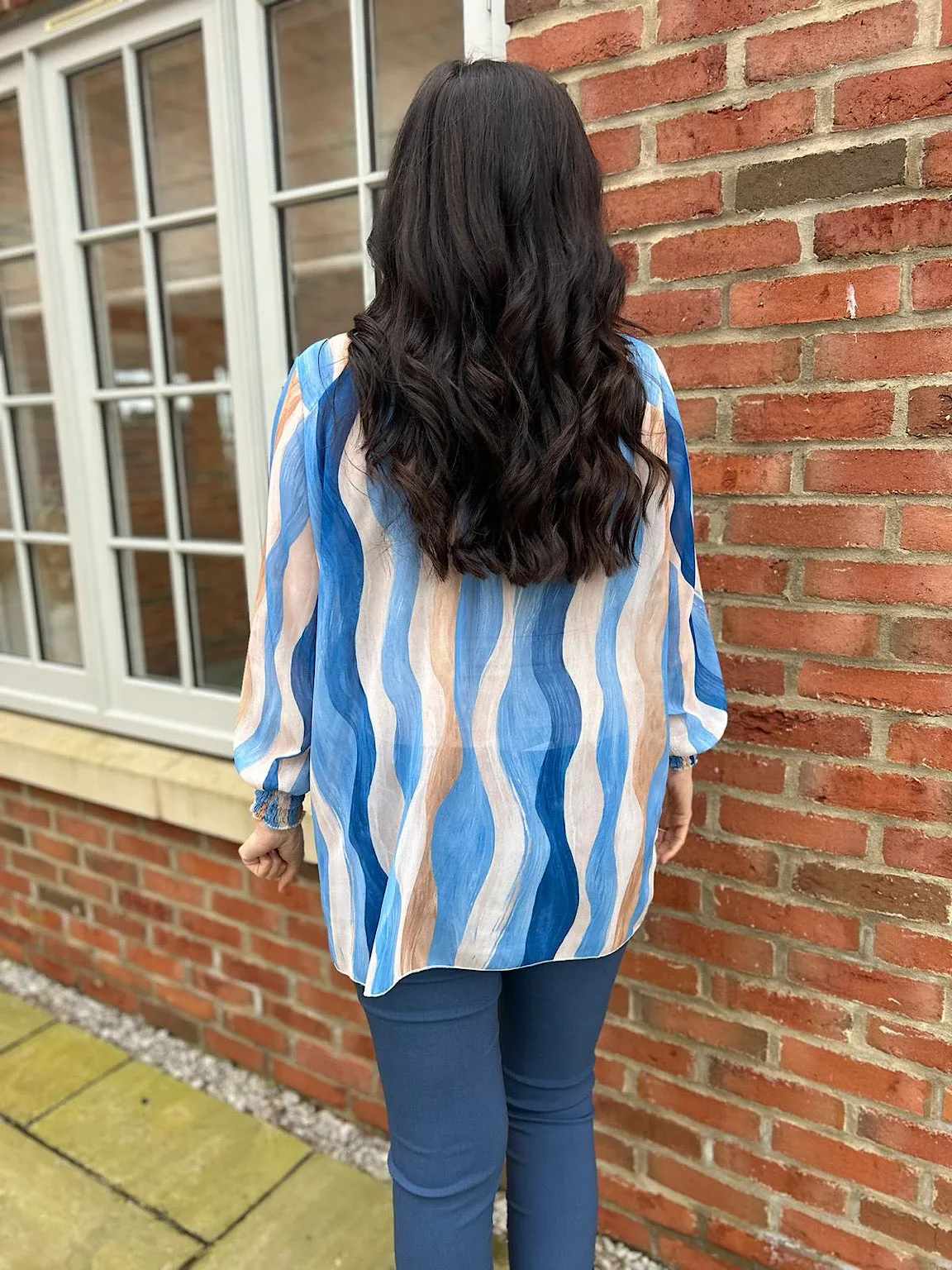 Blue High Neck Brushstroke Stripe Blouse Susan