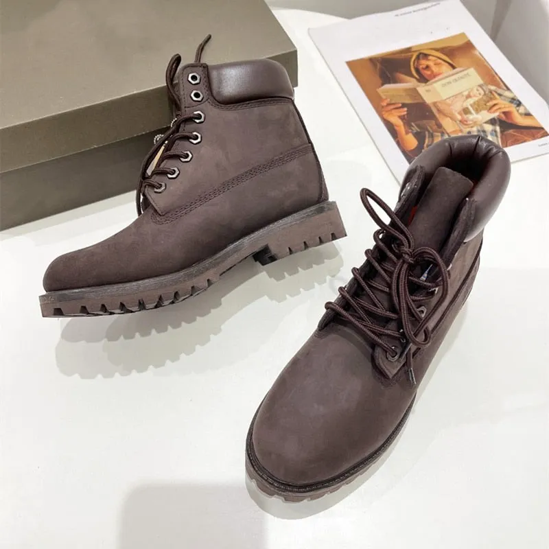 British Style Casual Men's Coffee Cow Suede Round Toe Lace Up Warm Boots