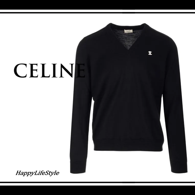 CELINE  |Pullovers Wool V-Neck Bi-color Long Sleeves Plain Logo