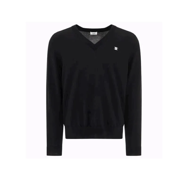 CELINE  |Pullovers Wool V-Neck Bi-color Long Sleeves Plain Logo