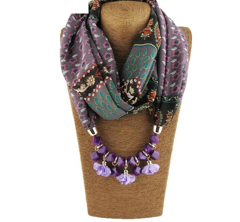 Chiffon Geometric Beaded Flowers Pattern Printed Statement Scarf Necklaces