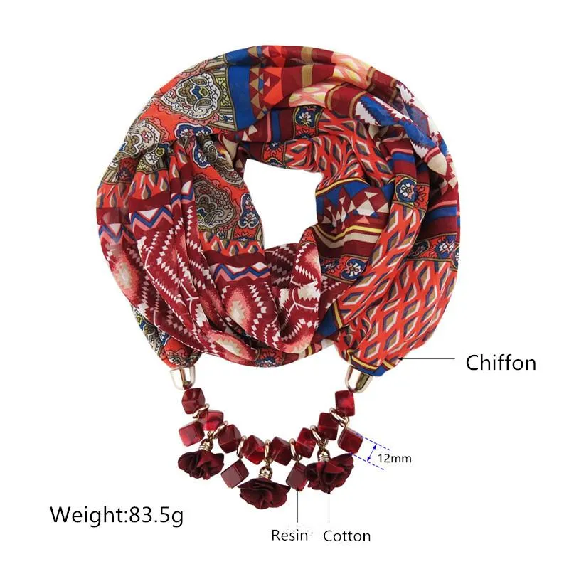 Chiffon Geometric Beaded Flowers Pattern Printed Statement Scarf Necklaces