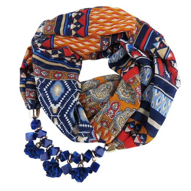 Chiffon Geometric Beaded Flowers Pattern Printed Statement Scarf Necklaces