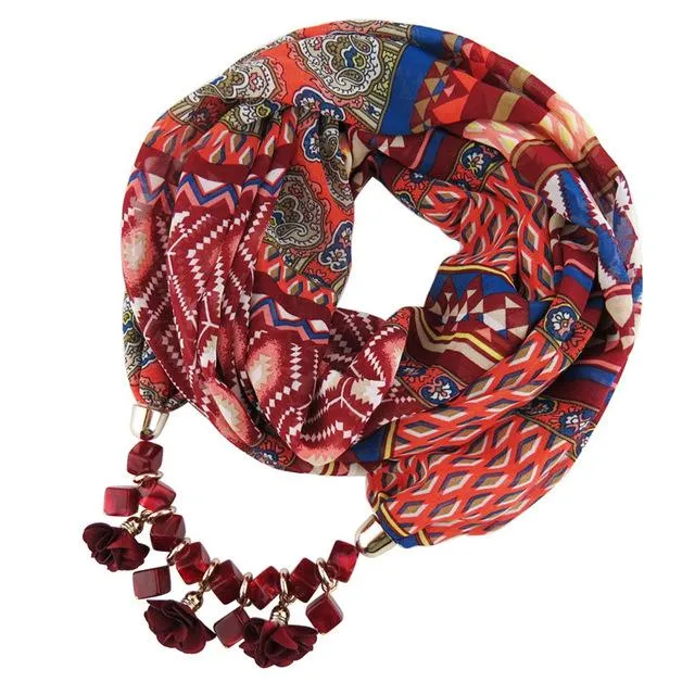 Chiffon Geometric Beaded Flowers Pattern Printed Statement Scarf Necklaces