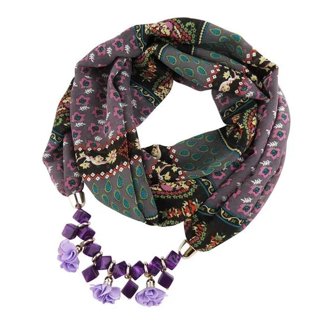 Chiffon Geometric Beaded Flowers Pattern Printed Statement Scarf Necklaces