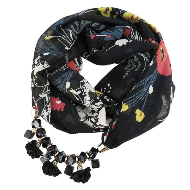 Chiffon Geometric Beaded Flowers Pattern Printed Statement Scarf Necklaces