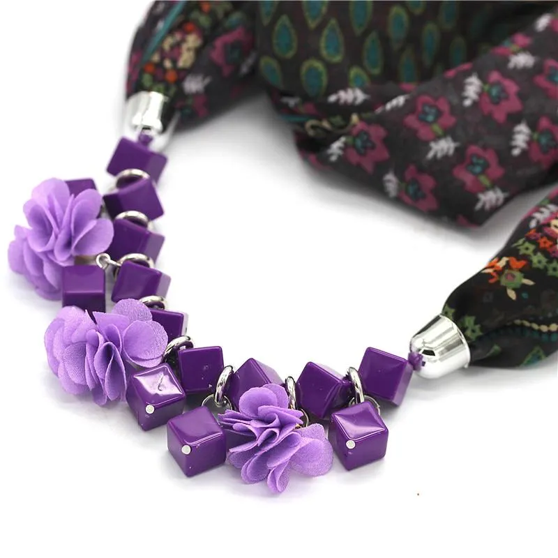 Chiffon Geometric Beaded Flowers Pattern Printed Statement Scarf Necklaces