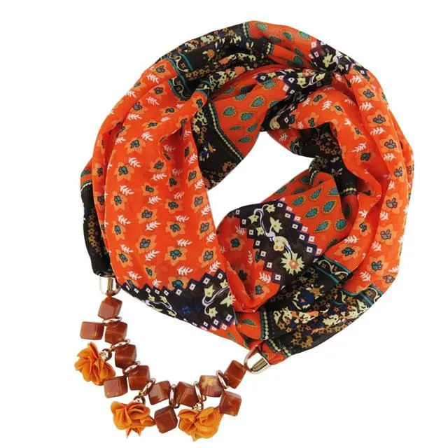 Chiffon Geometric Beaded Flowers Pattern Printed Statement Scarf Necklaces