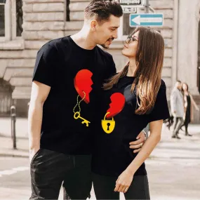 Couple Tshirt Men and Women Lovers Key Print Short Sleeve Sweet  Graphic  Tees Tops Casual Streetwear