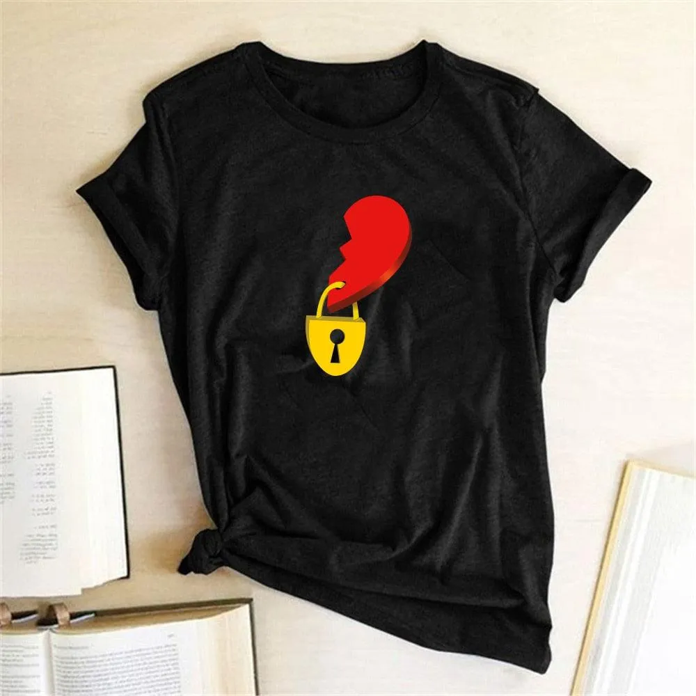 Couple Tshirt Men and Women Lovers Key Print Short Sleeve Sweet  Graphic  Tees Tops Casual Streetwear