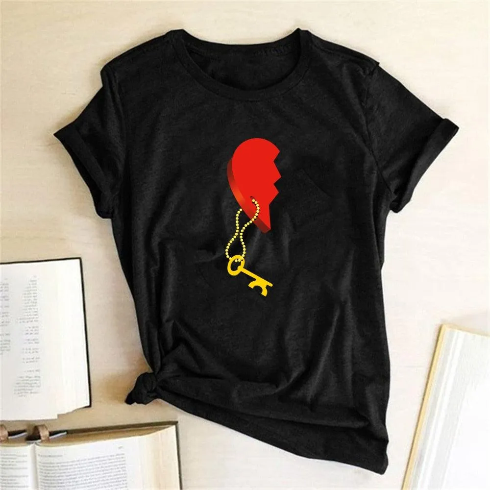 Couple Tshirt Men and Women Lovers Key Print Short Sleeve Sweet  Graphic  Tees Tops Casual Streetwear