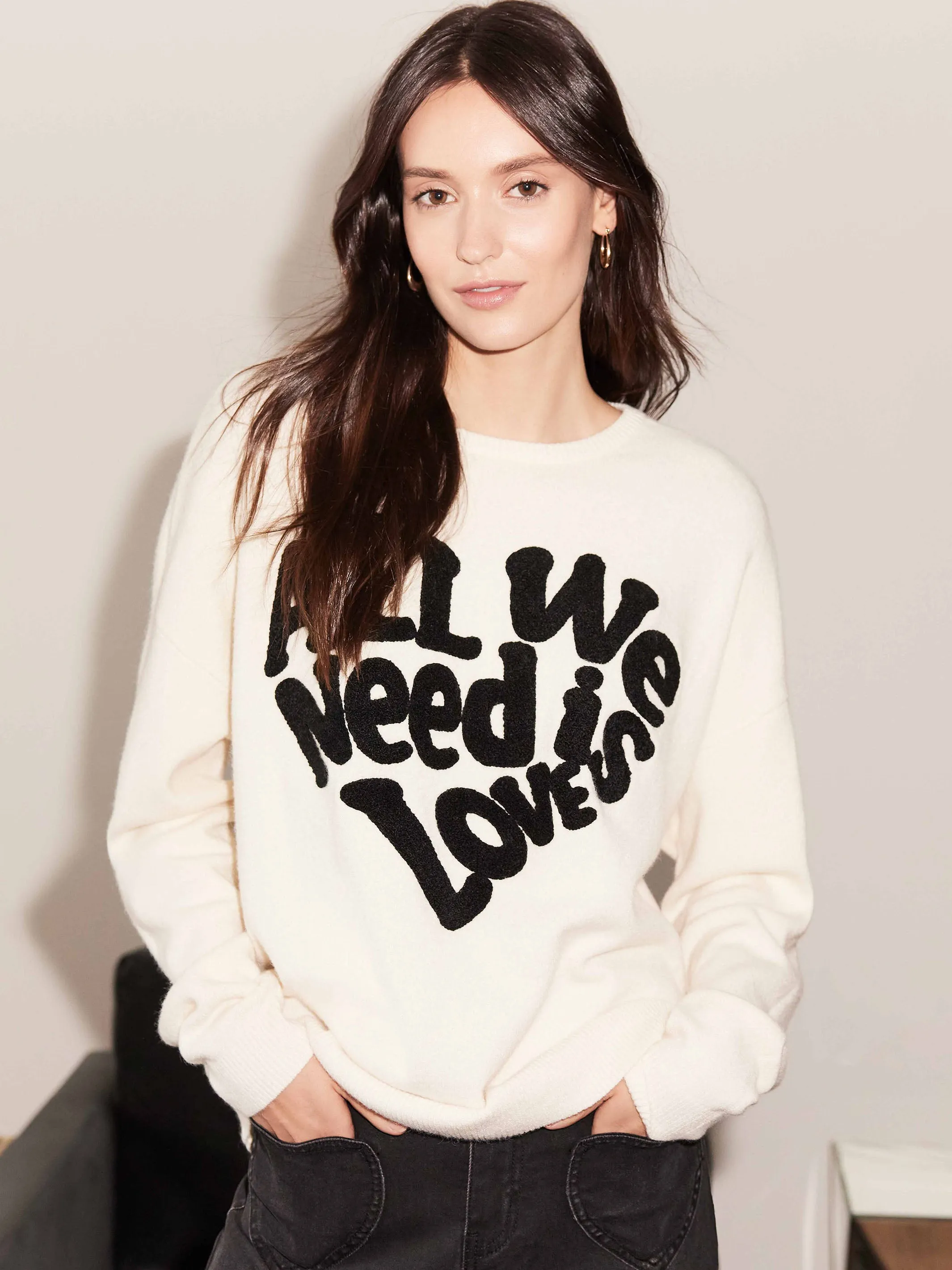 Crew Neck Sweater with Love Embroidery - Ecru