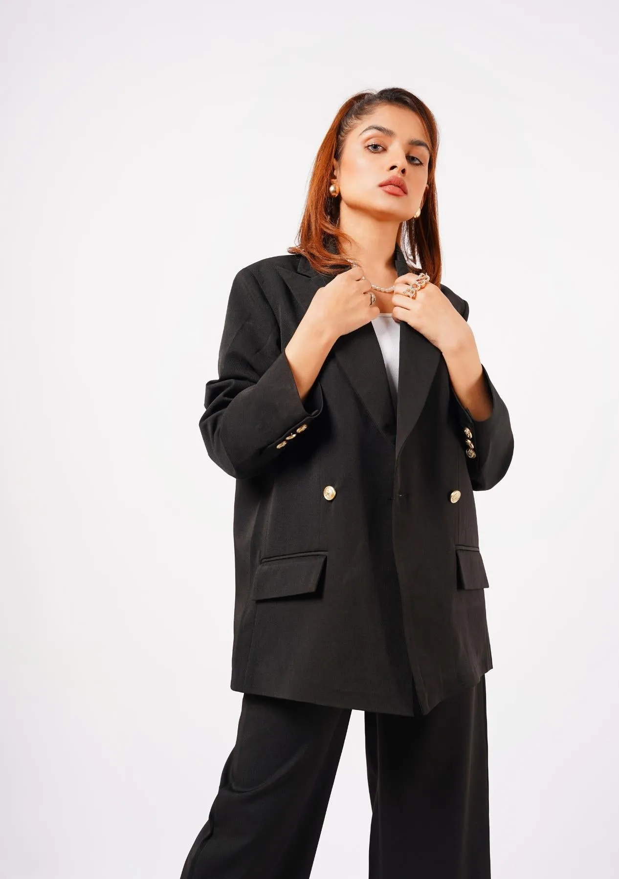 Double Breasted Loose Fit Blazer - black