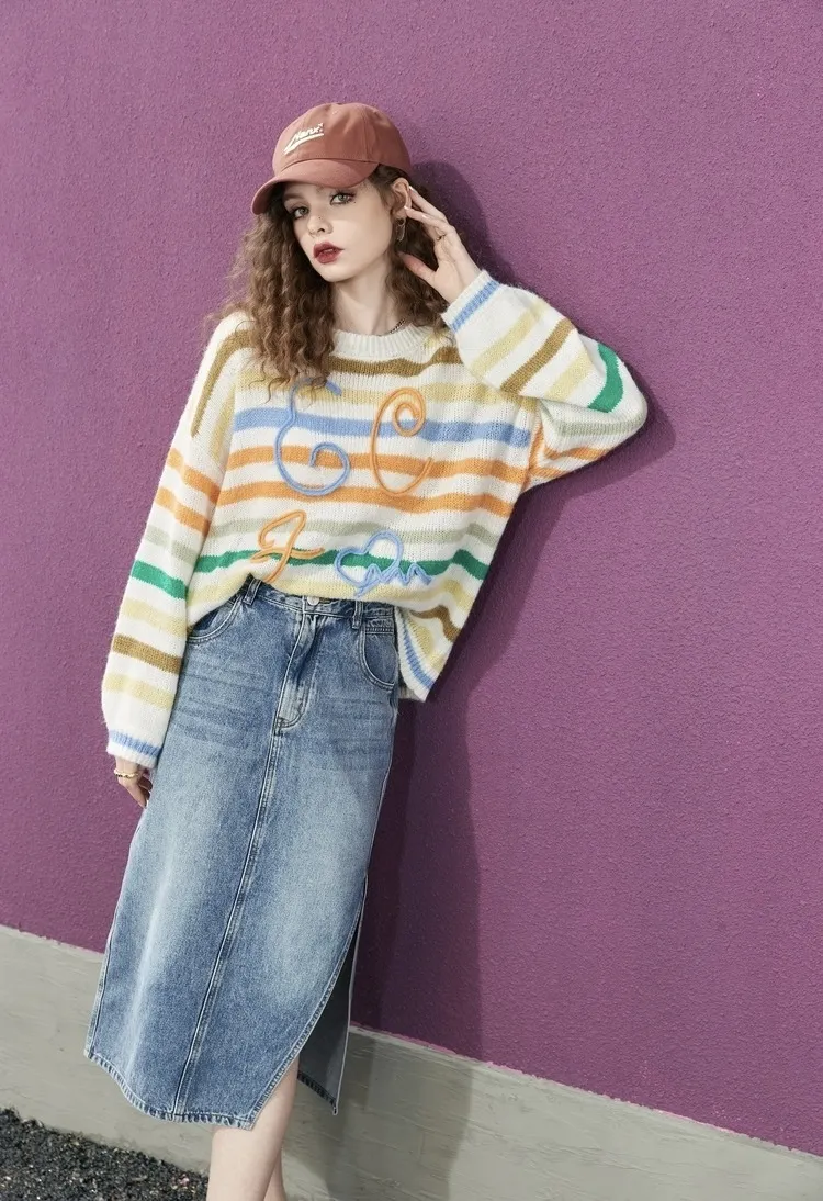 ELF SACK  |Stripes Casual Style Long Sleeves Plain Oversized