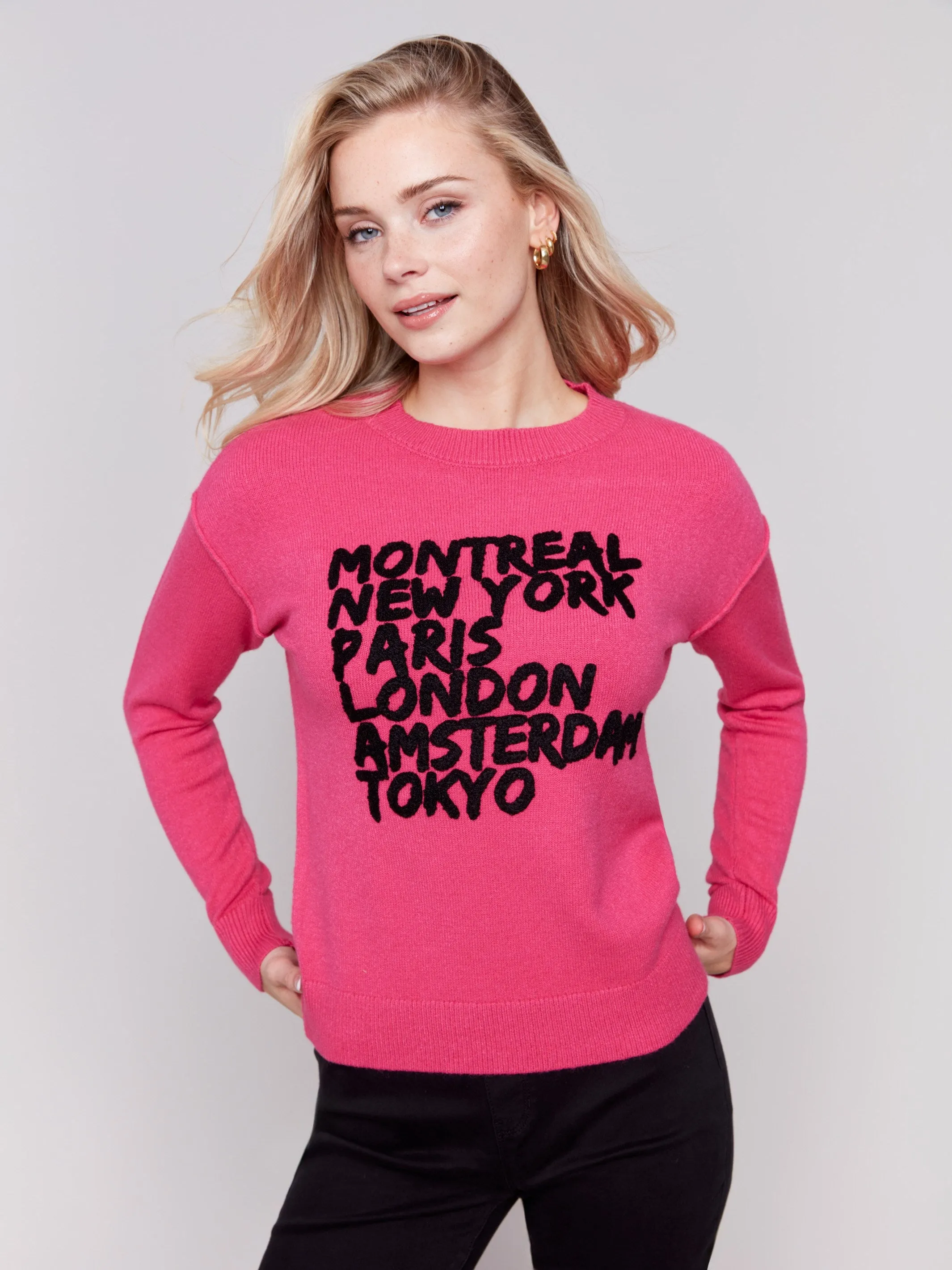 Embroidered Cities Crew Neck Sweater - Magenta