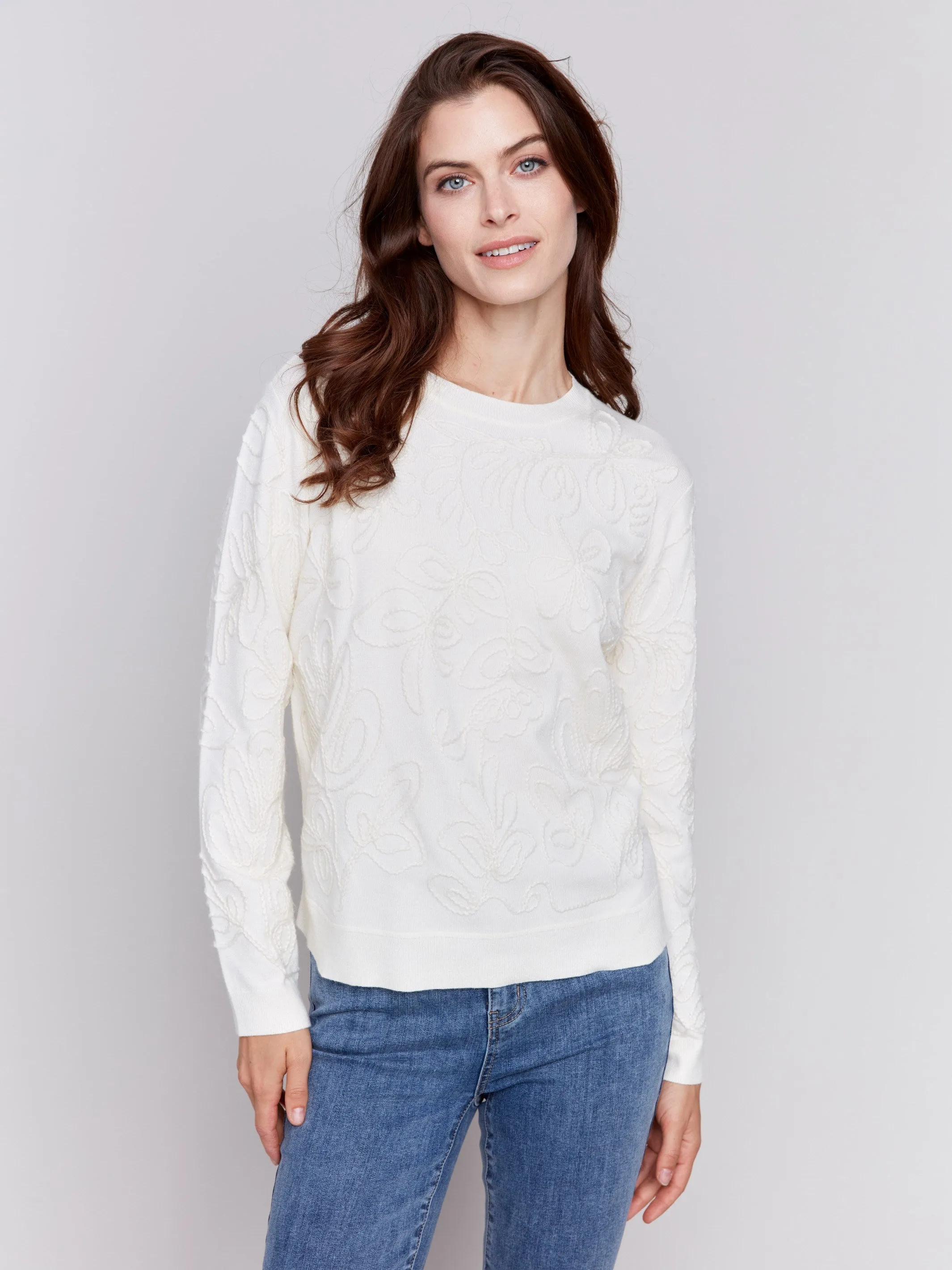 Embroidered Round Hem Sweater - Ecru