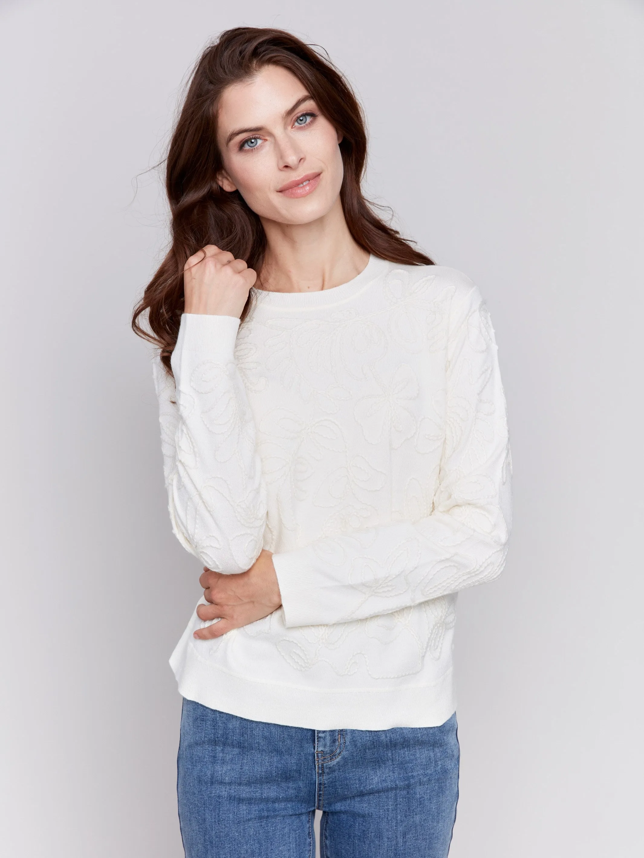 Embroidered Round Hem Sweater - Ecru