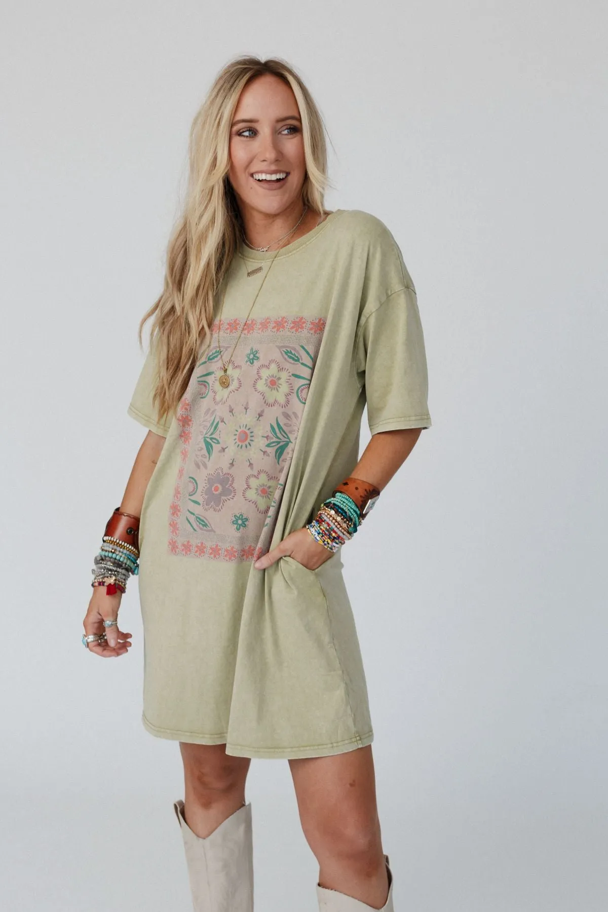 Fall Blossoms Tee Dress - Sage