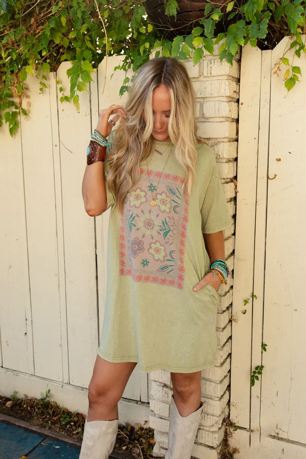 Fall Blossoms Tee Dress - Sage