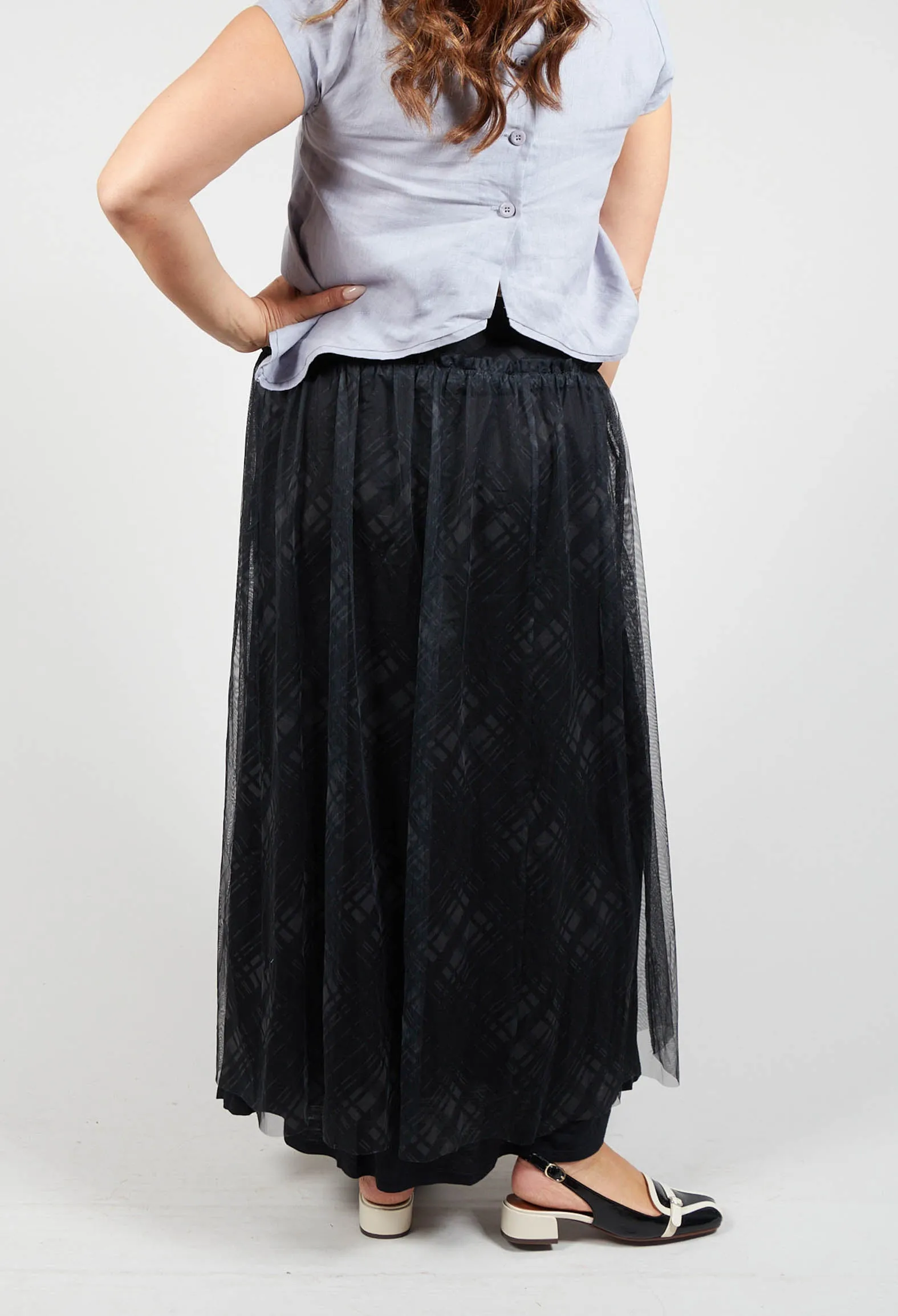 Fine Jersey Skirt with Net Overlay in inox