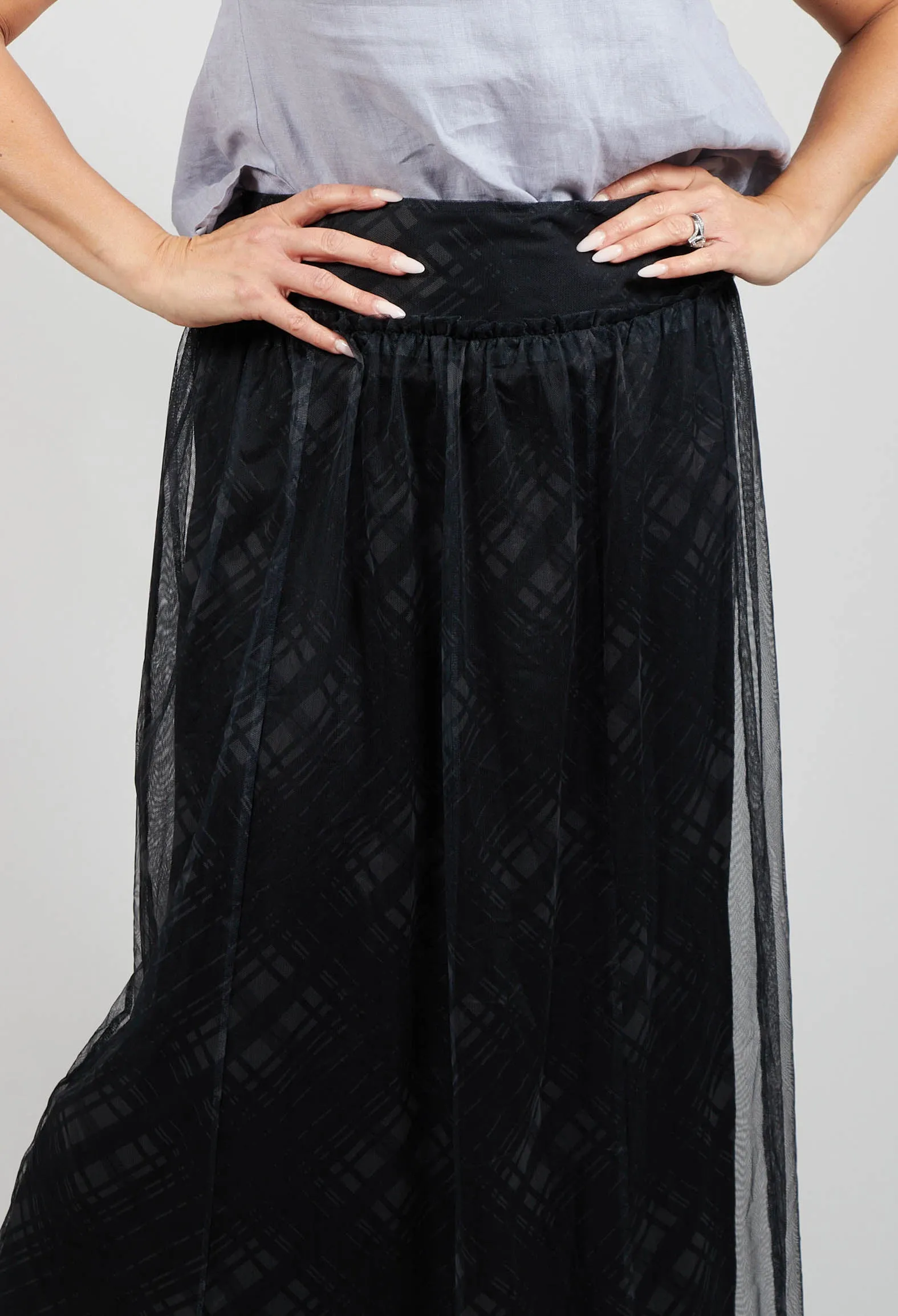 Fine Jersey Skirt with Net Overlay in inox