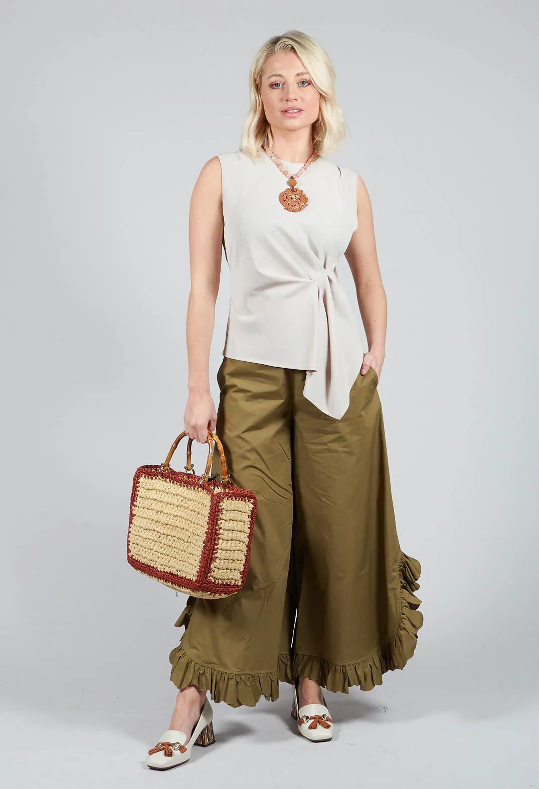 Frill Wide Leg Trousers in Avocado