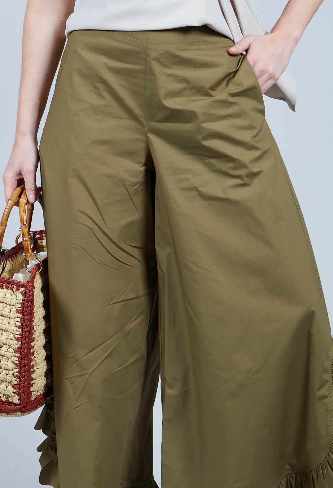 Frill Wide Leg Trousers in Avocado