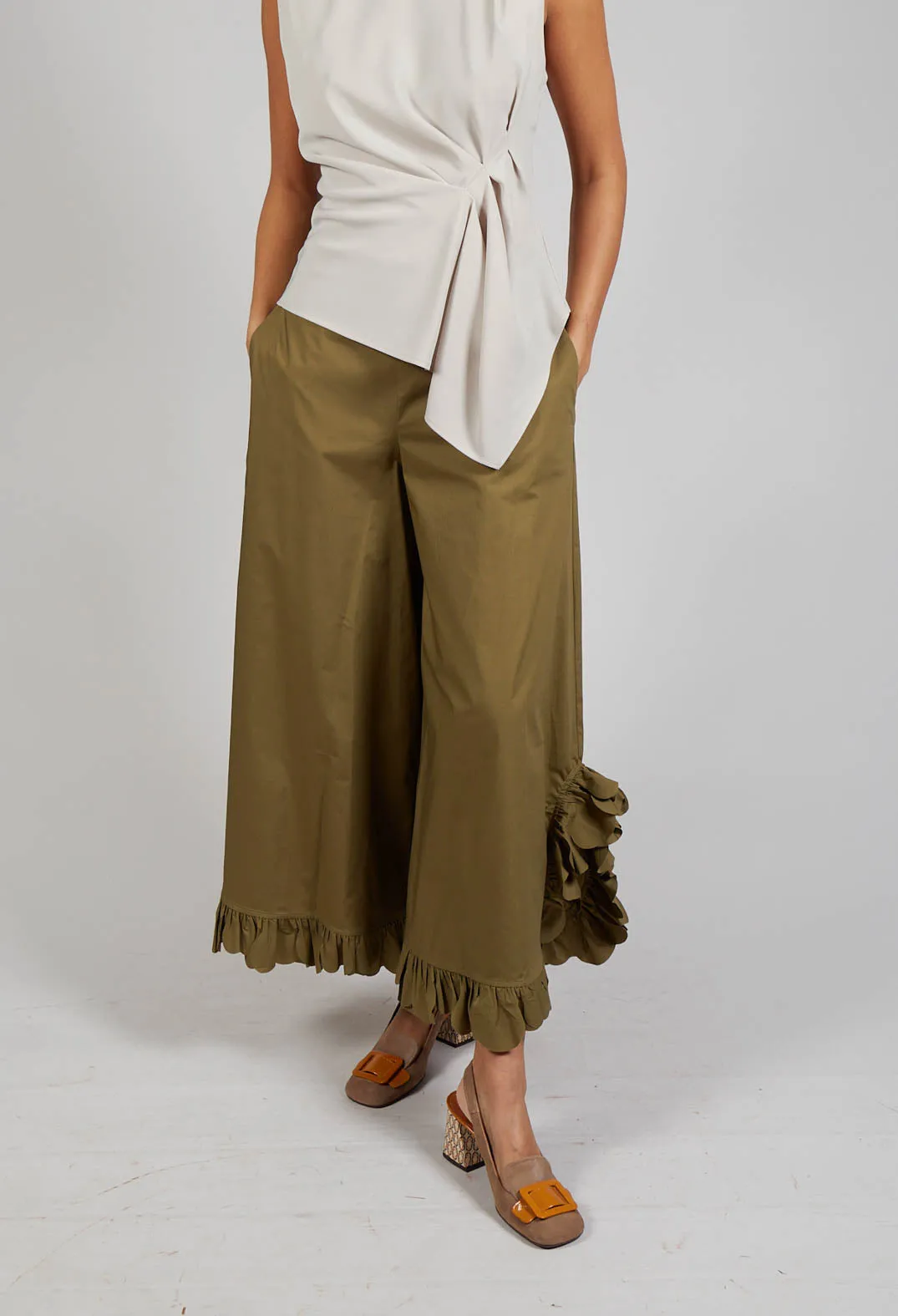 Frill Wide Leg Trousers in Avocado