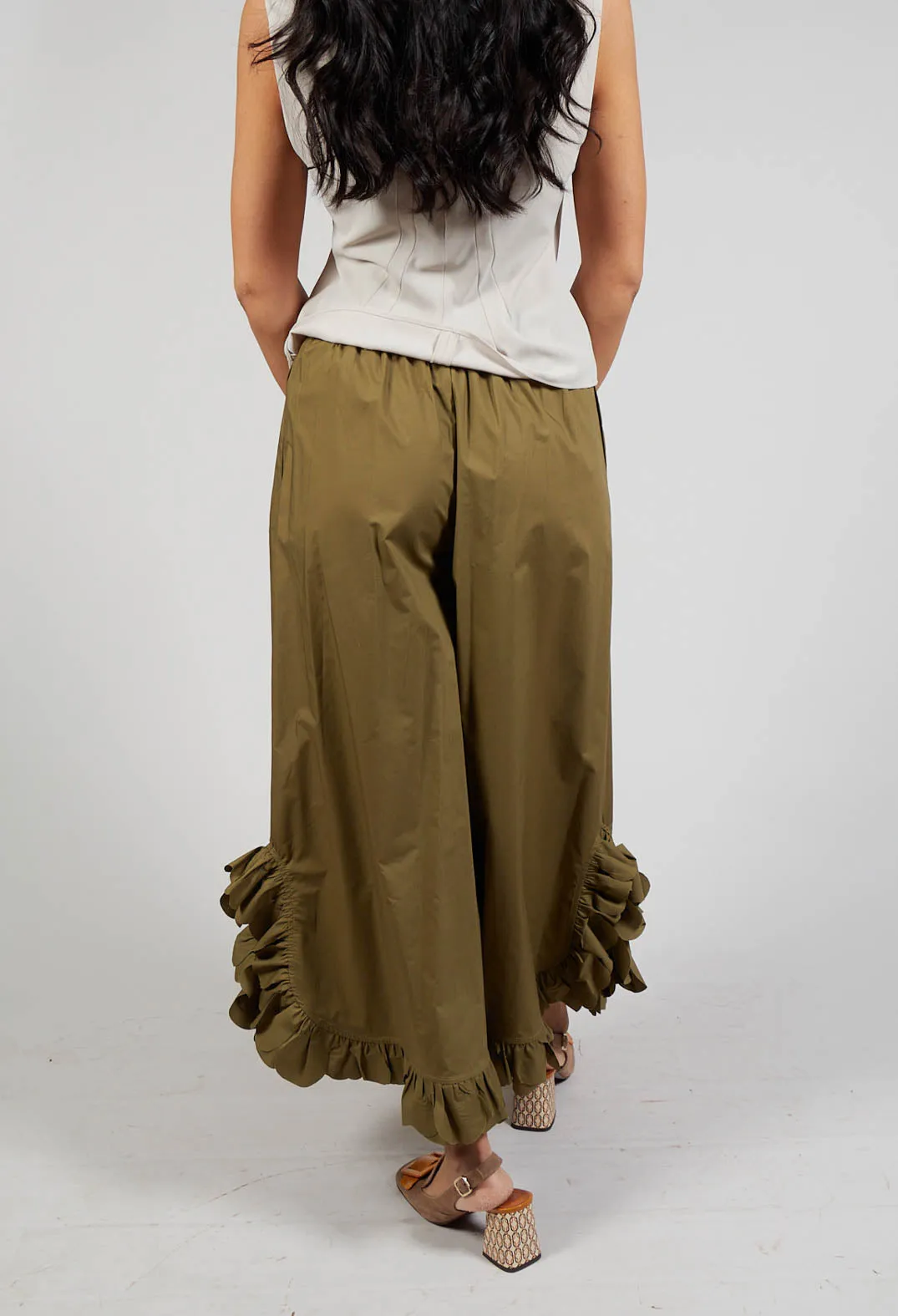 Frill Wide Leg Trousers in Avocado