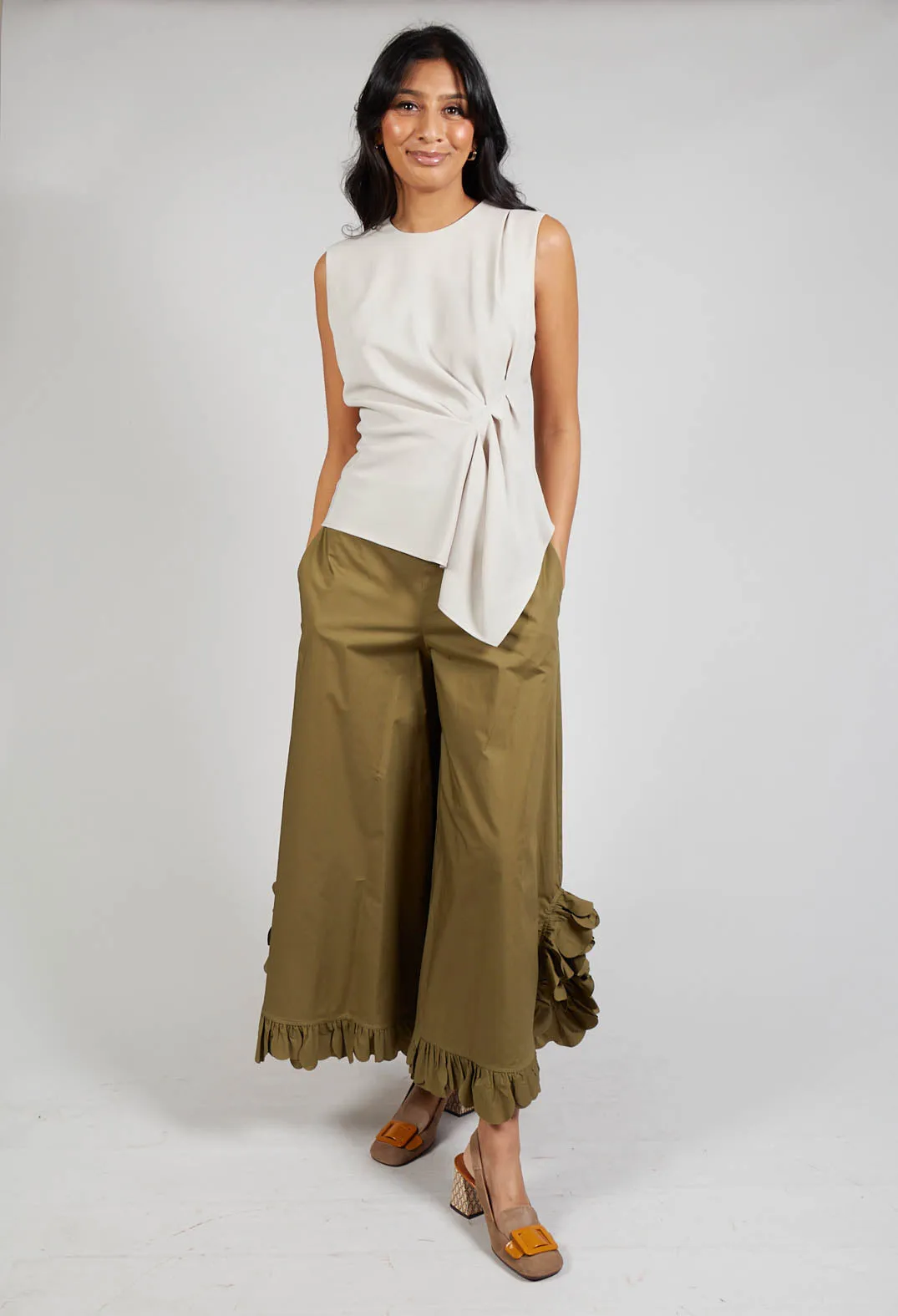 Frill Wide Leg Trousers in Avocado