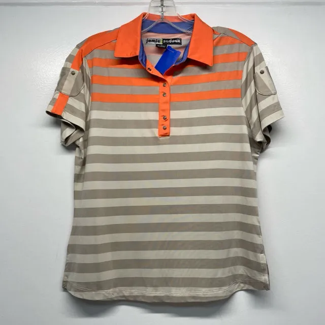 Jamie Sadock Size S Women's Orange-Tan Stripe Polo Activewear Top