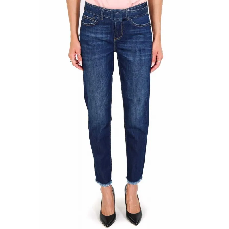 JEANS VITA ALTA CON CINTURA E ORLO SFRANGIATO, BLU