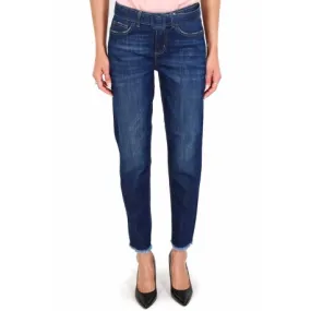 JEANS VITA ALTA CON CINTURA E ORLO SFRANGIATO, BLU