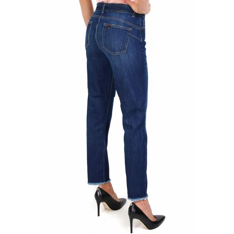 JEANS VITA ALTA CON CINTURA E ORLO SFRANGIATO, BLU