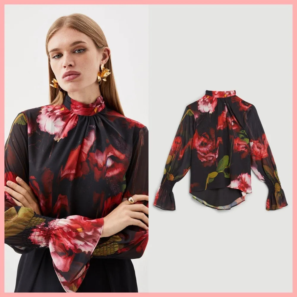 Karen Millen  |Flower Patterns Casual Style Long Sleeves Puff Sleeves