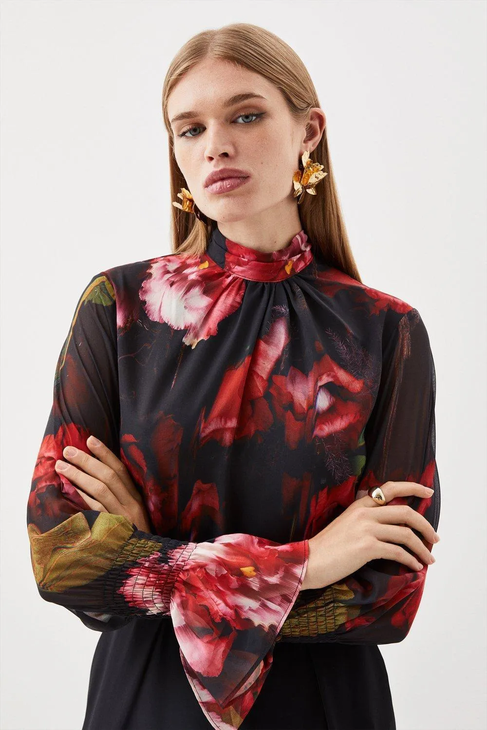 Karen Millen  |Flower Patterns Casual Style Long Sleeves Puff Sleeves