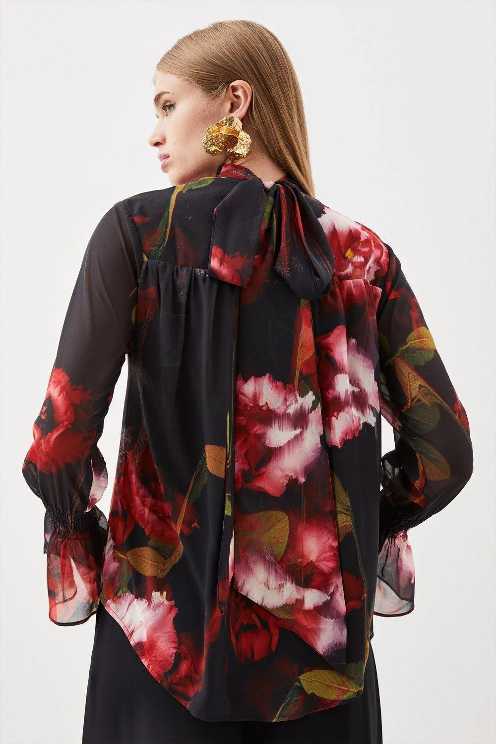 Karen Millen  |Flower Patterns Casual Style Long Sleeves Puff Sleeves